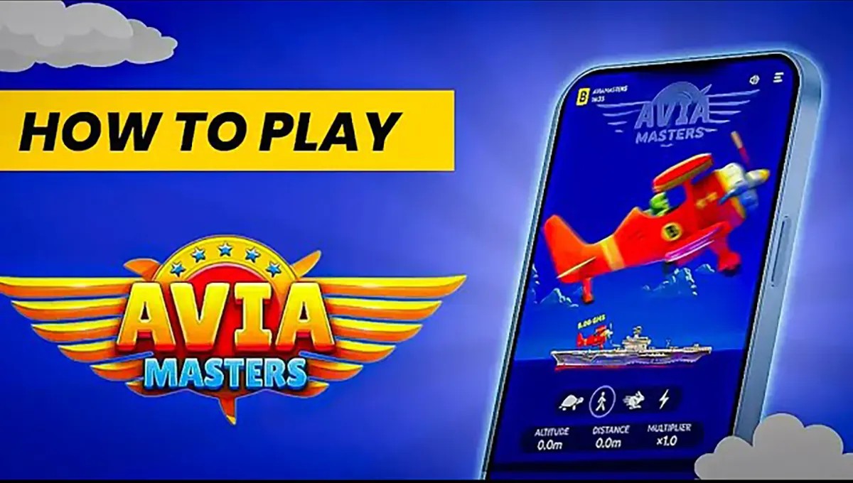 "Avia Masters" game tutorial banner, featuring a red airplane flying across the sky with the game interface shown on a mobile phone screen.