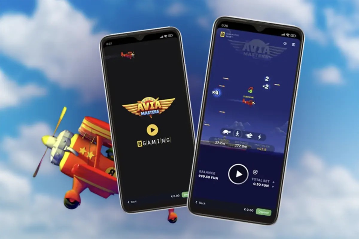 "Avia Masters" game showing two mobile phones with gameplay in progress, including the flying airplane, multiplier, balance, and distance tracking, set against a bright blue sky background.
